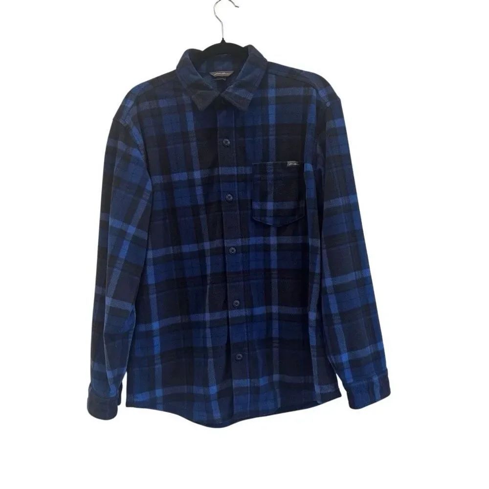 Eddie Bauer Men’s M Blue Black Plaid Fleece Shirt Jacket Button Front Shacket